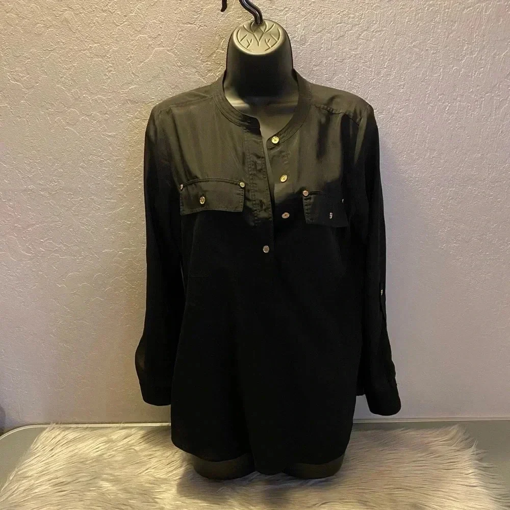 Michael Kors Women's Petite SM Black Utility Blouse Gold Button Long Sleeve Top